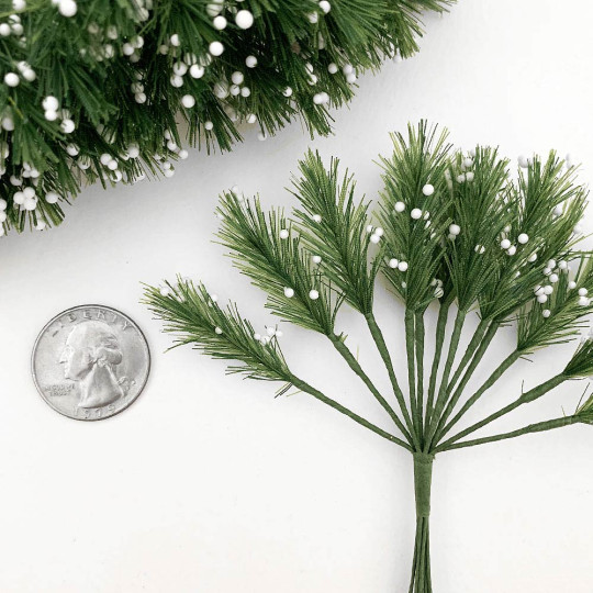 Bundle of 12 Green Fabric Pine Sprigs with White Berries ~ Austria ~ 1-1/2" Long